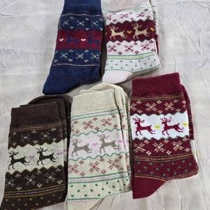 Fair Isle Reindeer Snowflake Knit Crew Socks 5 Pair Pack Holiday Winter Multi